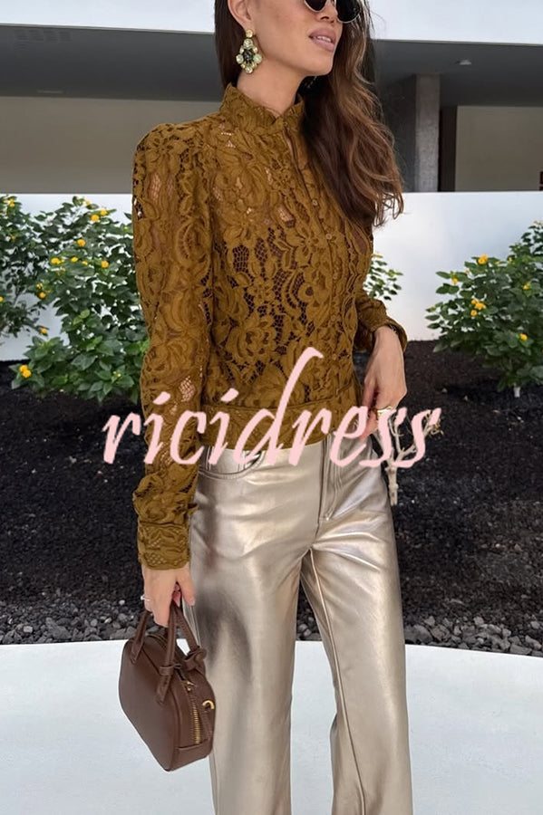 Palace Style Crochet Flower Lace Stand Neck Button Puff Sleeve Jacket