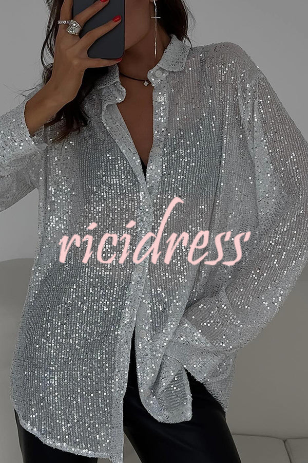 Fashion Sequin Lapel Long Sleeve Loose Shirt