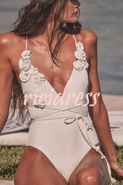 Solid Color Lace-up Flower Decoration Stretch One-piece Swimsuit