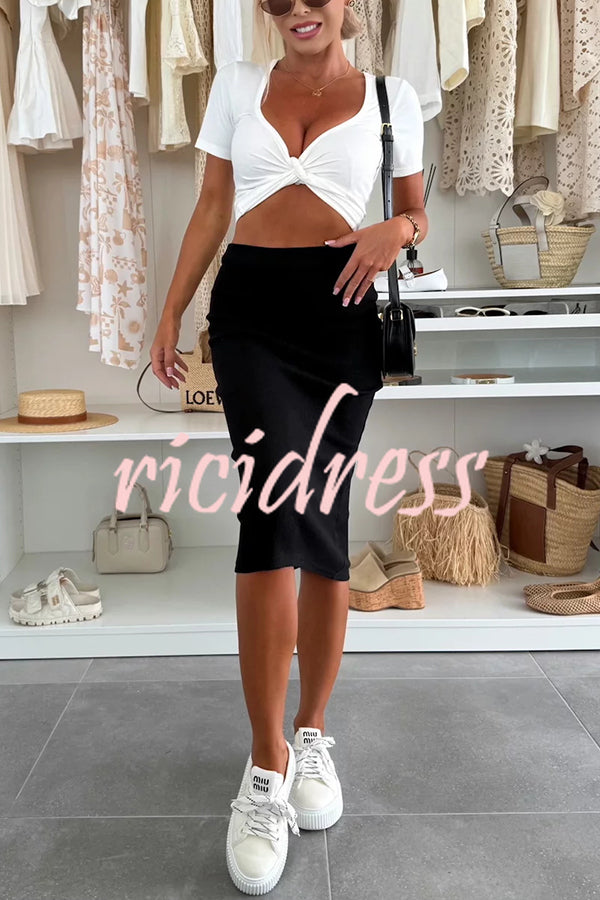 Perfect Basics Ribbed Knit Elastic Waistband Stretch Midi Skirt