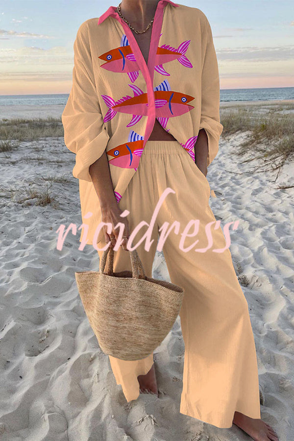 Pink Fish Print Oversized Shirt and Elastic Waist Pocket Pants Set