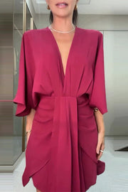 Solid Color V-Neck Half Sleeve Casual Irregular Mini Dress