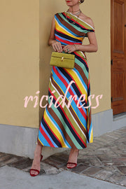 Sunkissed Satin Colourful Stripe Print One Shoulder Midi Dress