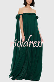 Fairy Spirit Tulle Braided Neckline Tie Arm Straps Pleated Maxi Dress