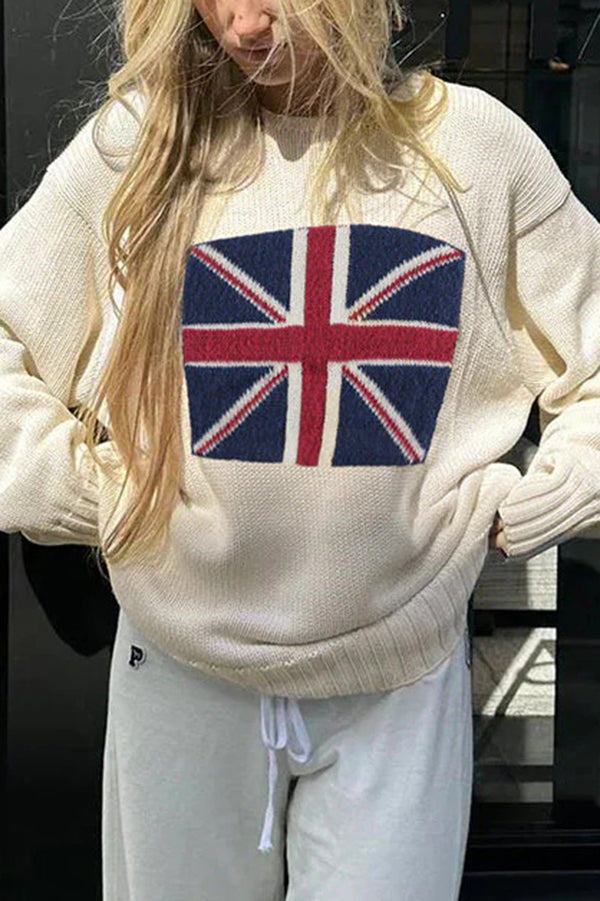 Flag Pattern Knitted Casual Crewneck Long Sleeve Sweater