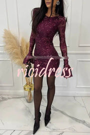 Deep and Dazzling Floral Texture Sequin Long Bell Sleeve Open Back Mini Dress