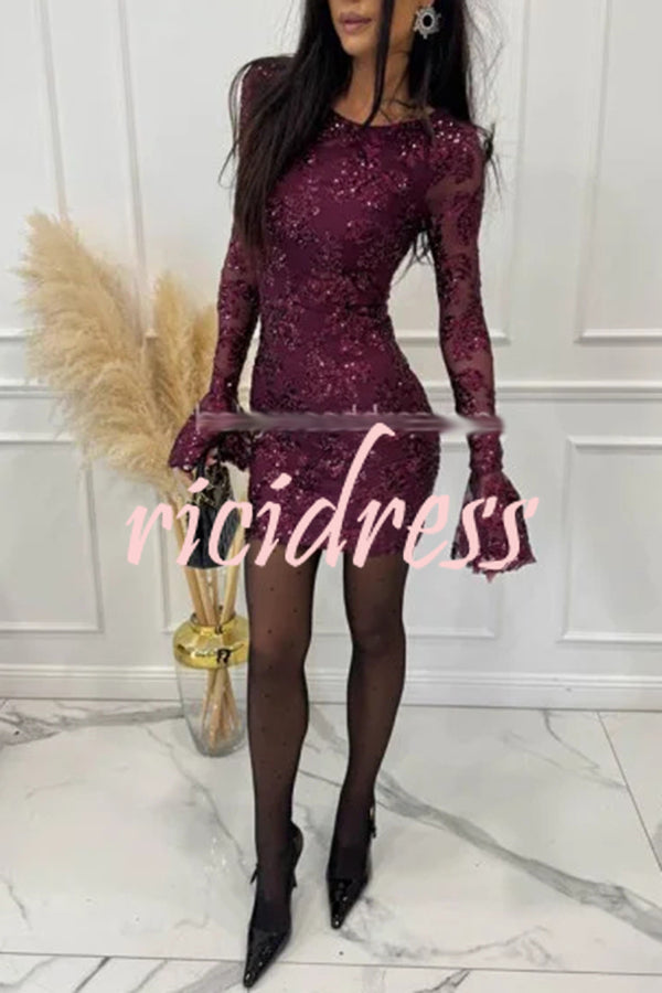 Deep and Dazzling Floral Texture Sequin Long Bell Sleeve Open Back Mini Dress