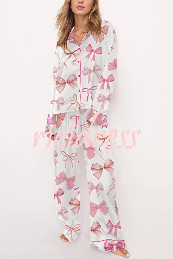 Stylish Bow-print Casual Long-sleeved Shirt and Elastic-waisted Wide-leg Pants Set