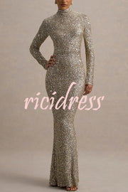 Galaxy Premium Sequin Turtle Neck Long Sleeve Maxi Dress
