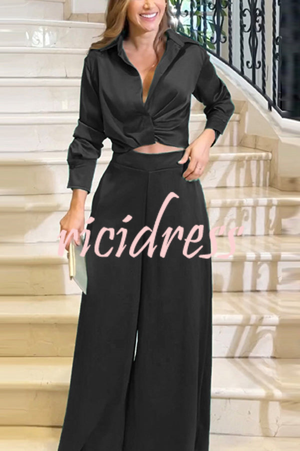 Satin Solid Color Lapel Long Sleeve Blouse and Loose-fitting Pocket Wide Leg Pants Set