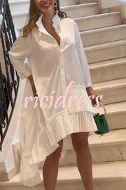 Solid Color Palace Style Loose Irregular Pleated Hem Mini Dress