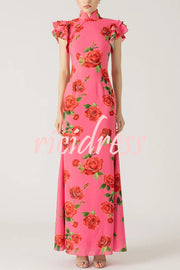 Cheongsam Style Rose Floral Print Tiered Flare Sleeve Stretch Maxi Dress