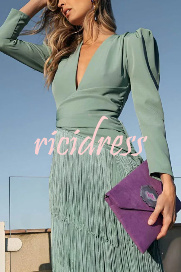 Solid Color V-Neck Long Sleeve Elegant Tassel Maxi Dress