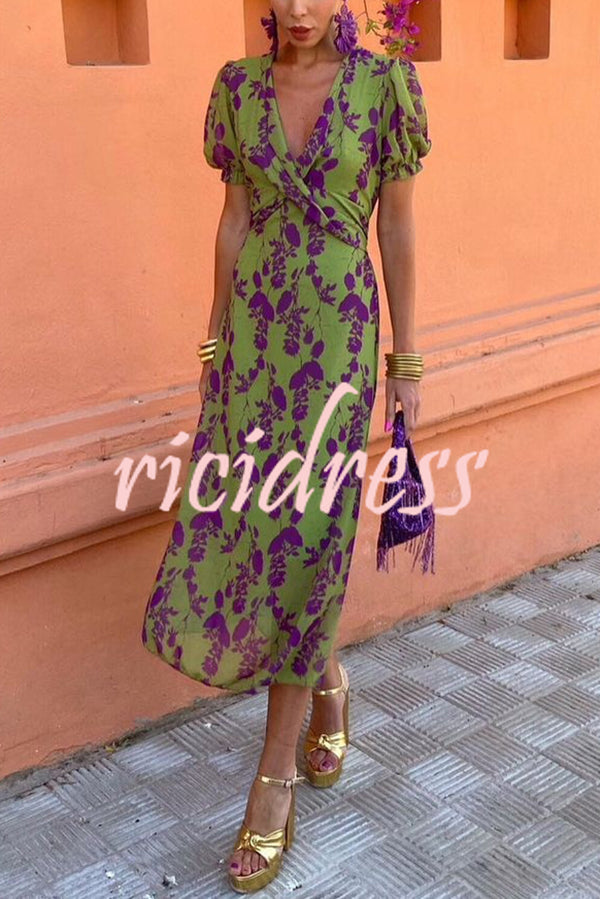 Botanical Print V-neck Puff Sleeve Tie Waist Midi Dress