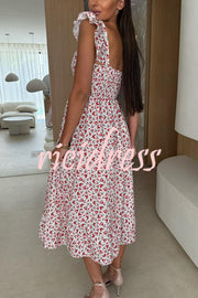 Floral Print Square Neck Pleated Back Midi Dress