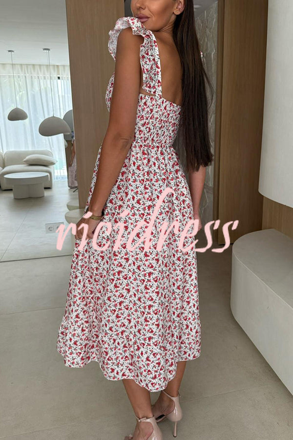 Floral Print Square Neck Pleated Back Midi Dress