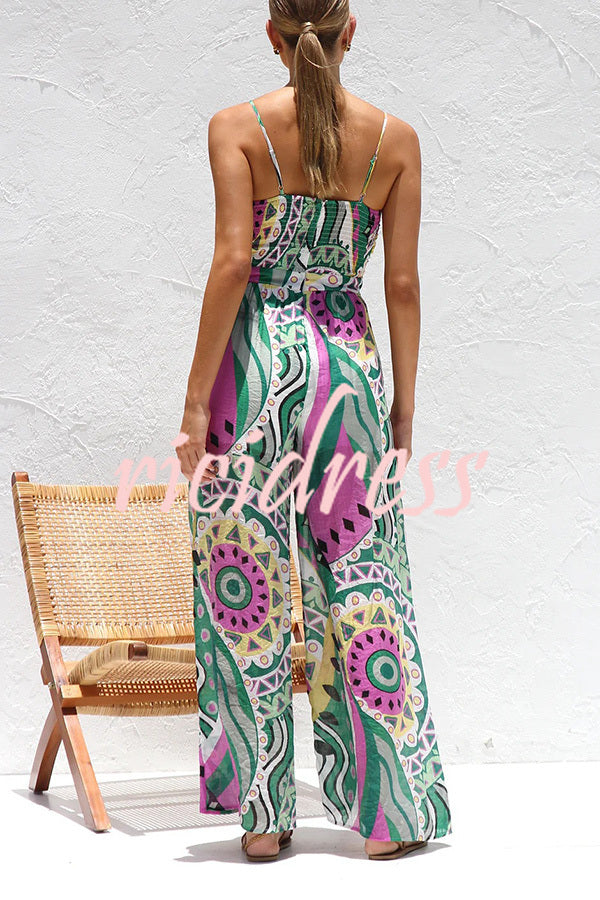 Unique Printed Suspender Back Pleated Pocket Wide-leg Jumpsuit