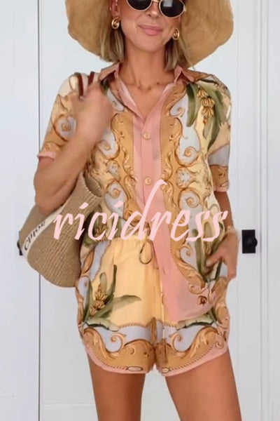 Royalty Unique Print Button Up Short Sleeve Shirt and Elastic Waist Pocketed Loose Shorts Set