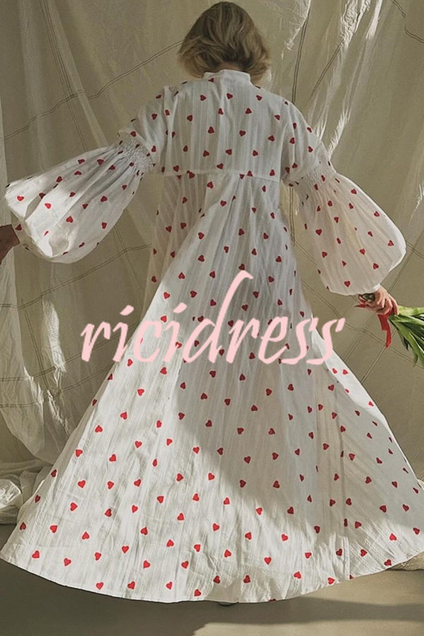 Cute Heart Print Puff Sleeve Loose Shirt Style Maxi Dress