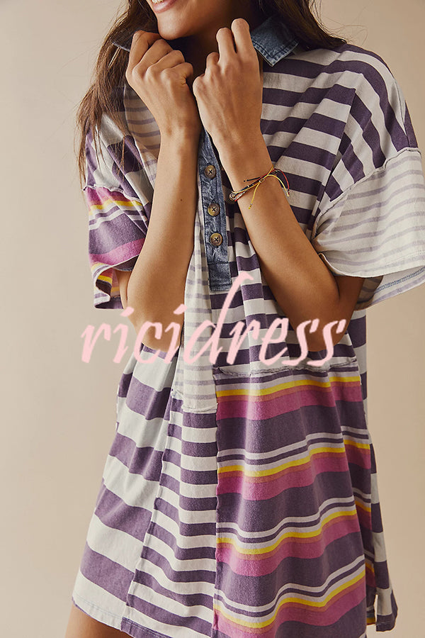 Contrast Striped Patchwork Denim Lapel Loose Casual Mini Dress