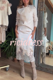 Orozco Knit Organza Bow Button-down Long Sleeve Loose Cardigan