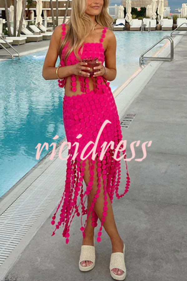 Caitlin See Through Circle Embroidery Square Neck Tassle Hem Slip Tank