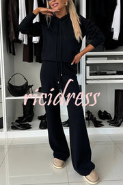 Solid Color Loose Hooded Tie Sweatshirt and Elastic Waist Casual Straight Pants Set