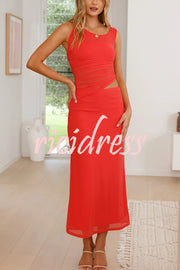 Solid Color Mesh Splicing Waist-baring Slim Maxi Dress