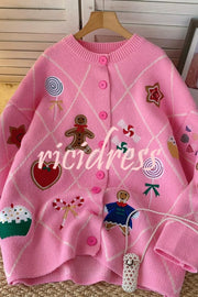 Argyle Candy Gingerbread Man Embroidered Button-knit Cardigan