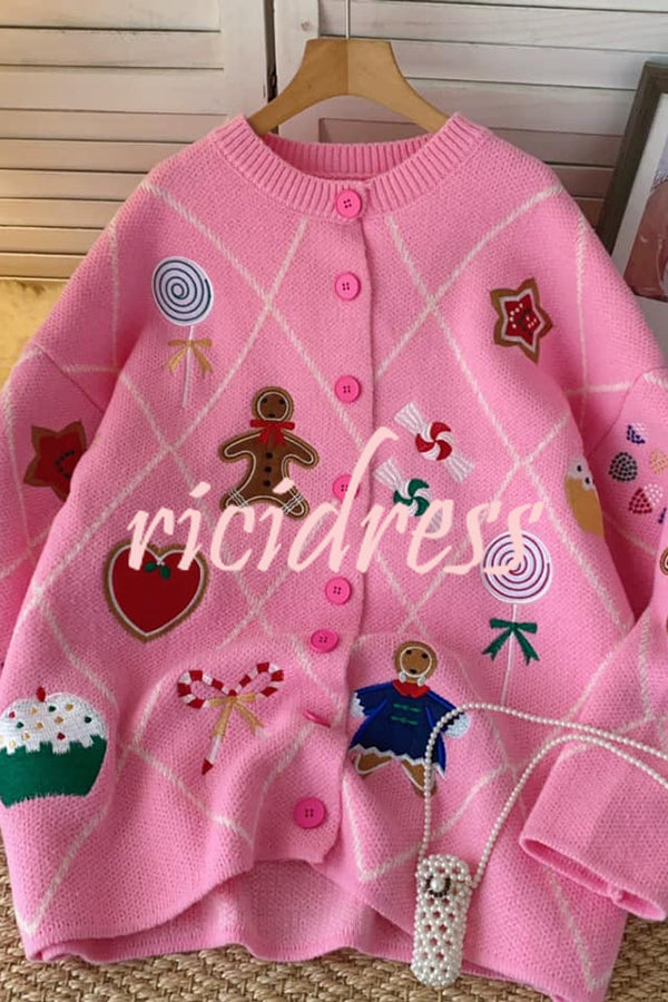 Argyle Candy Gingerbread Man Embroidered Button-knit Cardigan