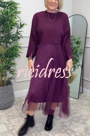 Fenna Ribbed Sequin Trim Batwing Sleeve Sweater and Pleated Tulle Stretch Tank Midi Dress Two-piece Set