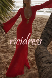 Seaside Goddess Crochet Knit Hollow Out Golden Ring Long Sleeve Cover-up Maxi Dress