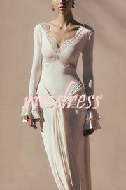 Fashion Lace Splicing Sexy V-neck Long-sleeved Slim Maxi Dress
