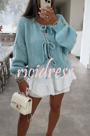 Solid Color Long-sleeved V-neck Lace-up Loose Knitted Sweater