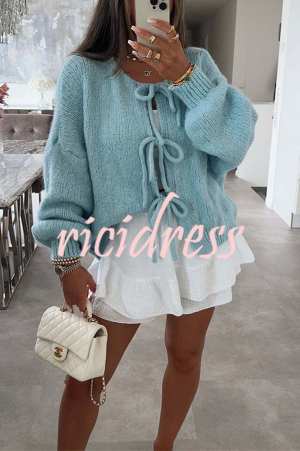 Solid Color Long-sleeved V-neck Lace-up Loose Knitted Sweater