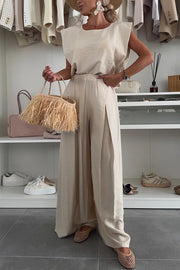 Santie Round Neck Cape Sleeve Loose Top and Elastic Waist Pocket Wide Leg Pants Set