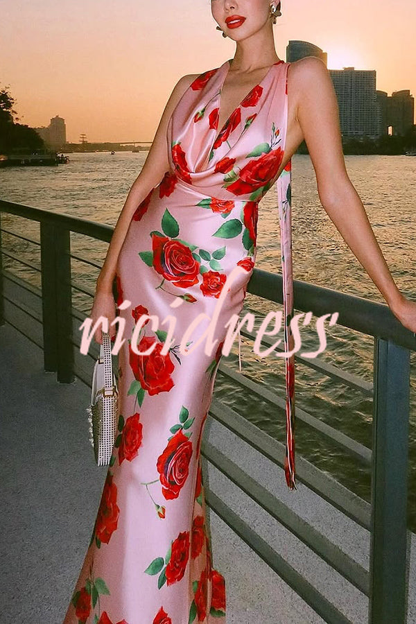 Rose Print Sexy Halter Neck Strappy Backless Slim Fit Maxi Dress