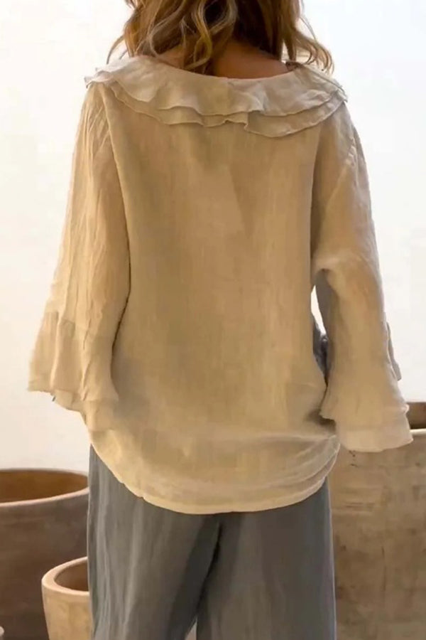 Solid Color V-neck Ruffled Casual Loose Top