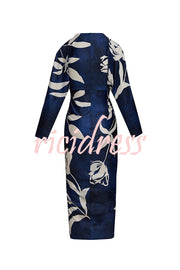 Caliana Unique Print Dolman Long Sleeve Ruched Slit Midi Dress