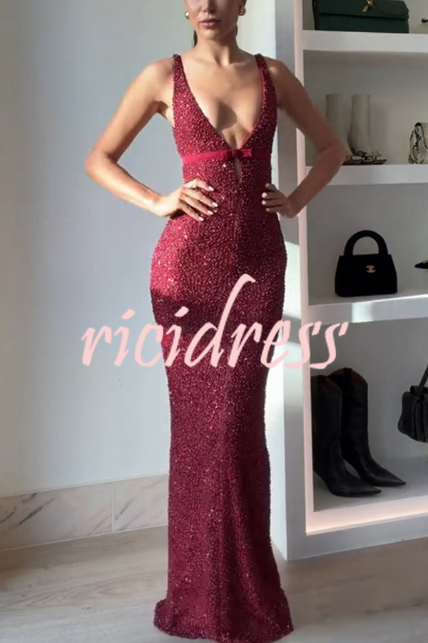 Festival Shines Sequin Beaded Mesh Bow Cutout Detail Slit Maxi Dress