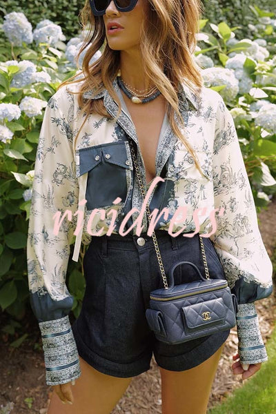 Bohemian Elegant Satin Contrast Color Unique Print Button Up Pocket Loose Blouse