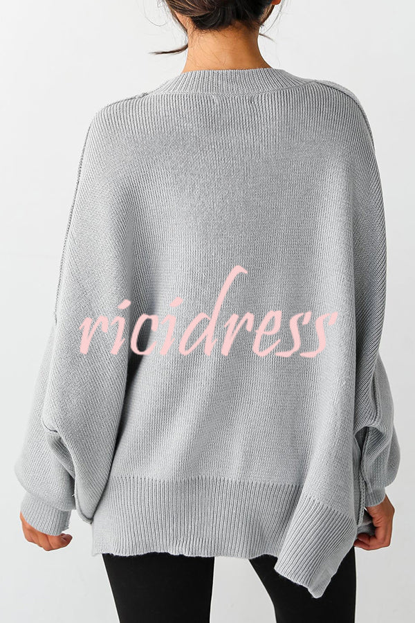 Distressed Knit Side Slit Long Sleeve Pullover Sweater