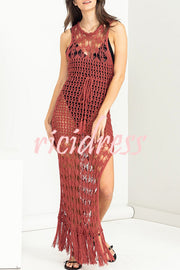Sunset Cocktail Knit Crochet Tassel Trim Cover-up Maxi Dress