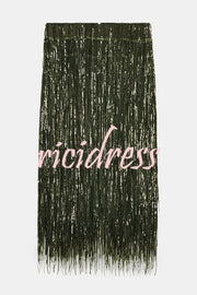 Party Crasher Layered Sequined Tassels High Rise Back Zipper Midi Skirt