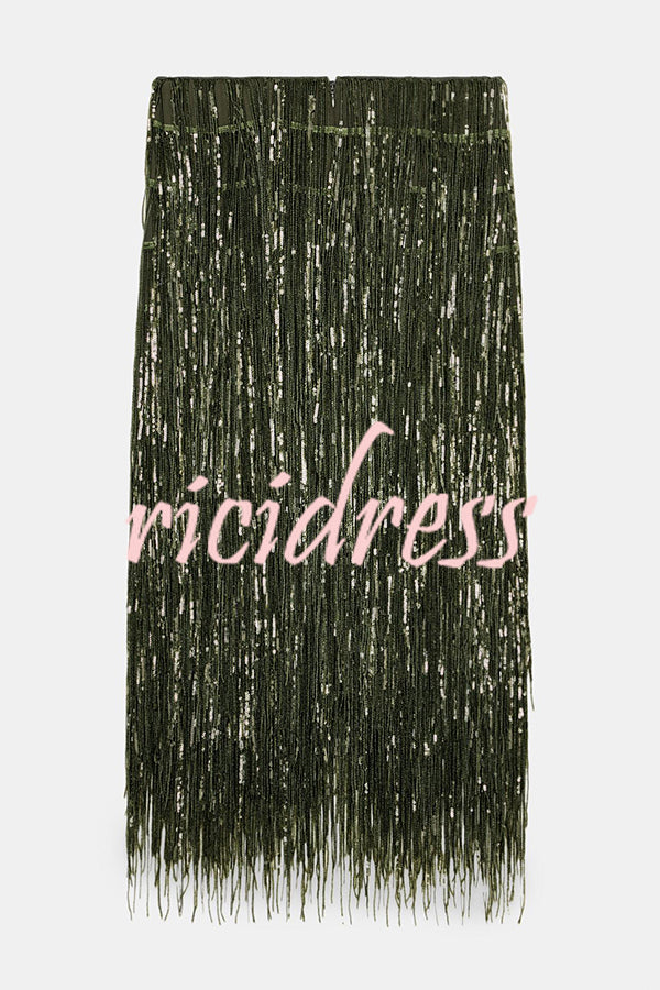 Party Crasher Layered Sequined Tassels High Rise Back Zipper Midi Skirt