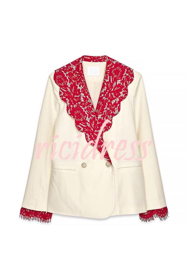 Love Letter Contrast Lace Detail Long Sleeve Wave Lapel Loose Blazer