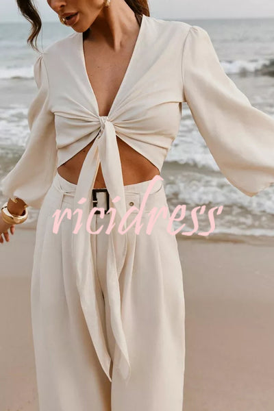 Lets Go Out Linen Blend Balloon Sleeve Wrap Tie-up Loose Top
