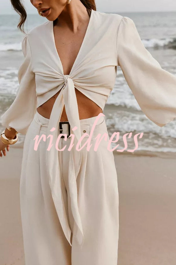 Lets Go Out Linen Blend Balloon Sleeve Wrap Tie-up Loose Top