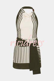 Summer Event⁠ Striped Beads Cowl Neck Backless Tie-up Mini Dress