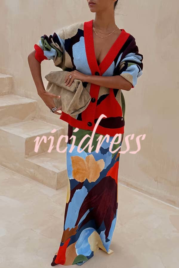 Bright and Bold Satin Abstract Color Blocks Print Elastic Waist Drape Maxi Skirt